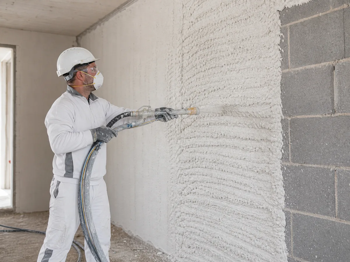 Professional spraying wet gypsum plaster onto an interior masonry wall