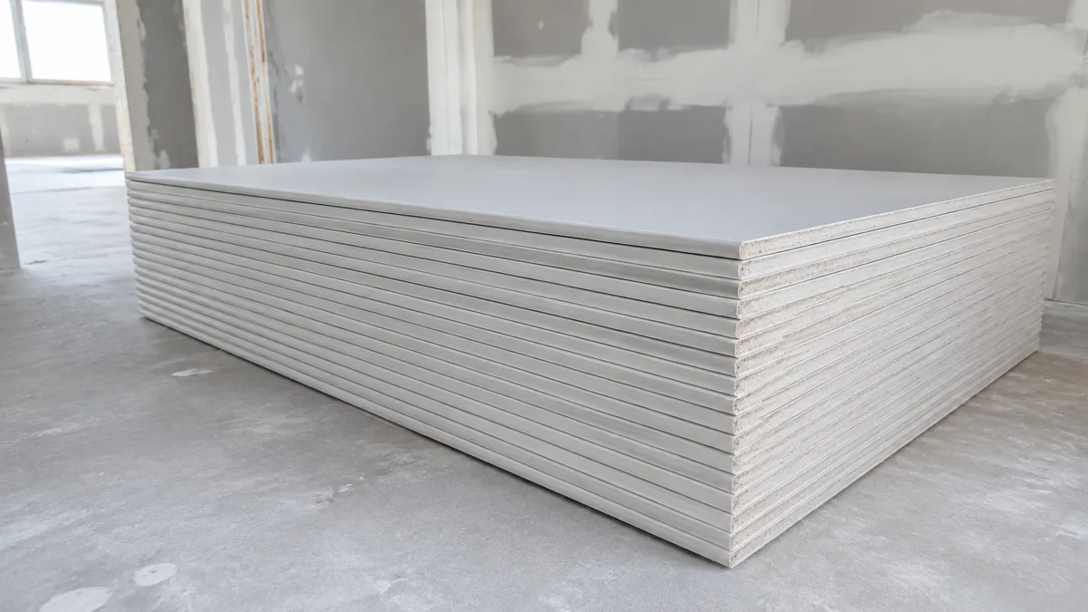 Unbranded standard gypsum plasterboards stacked inside a construction project